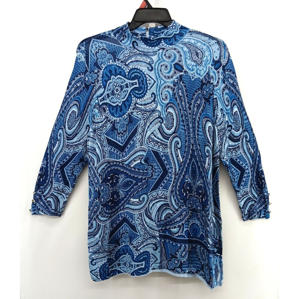 Chicos Blouse Women Size 3 Blue Geometric 3/4 Sleeve Tunic Knit 1/4 Zip Back Top